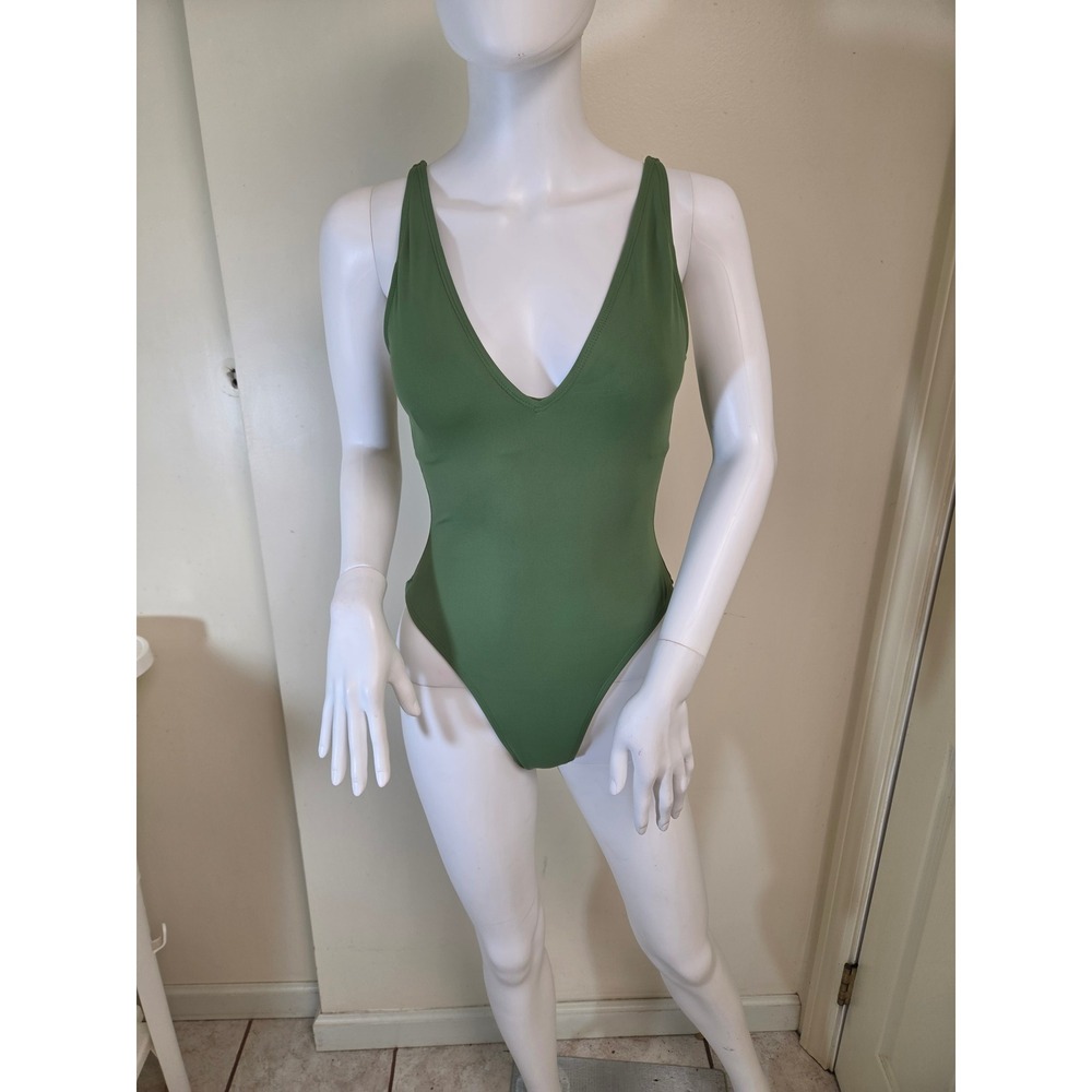 TA3 Hi Cut Plungey One Piece Swimsuit Army Green Lace Up Back TA309 RL XS Long